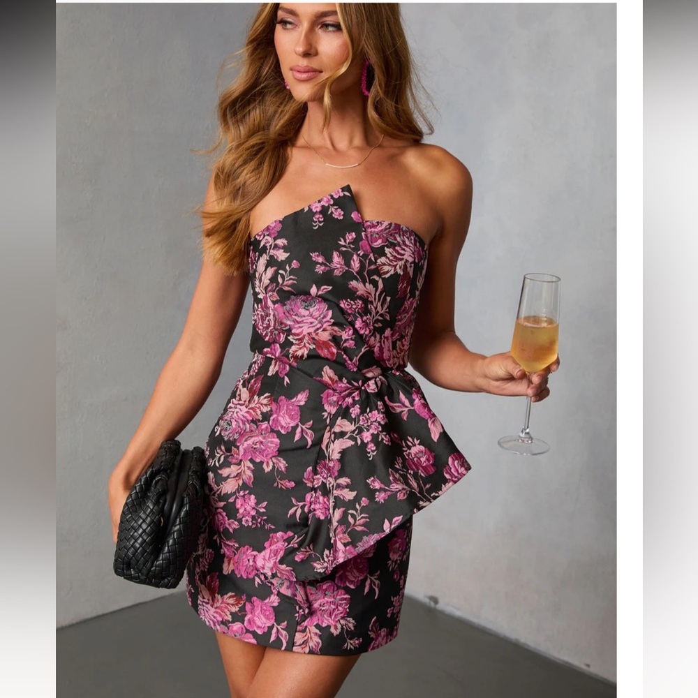 Vici Wilted Bloom Printed Strapless Draped Mini Dress